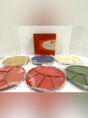 New Vtg 70s Imperial Japan Lacquerware Fondue Plastic Plate Set Six Original Box